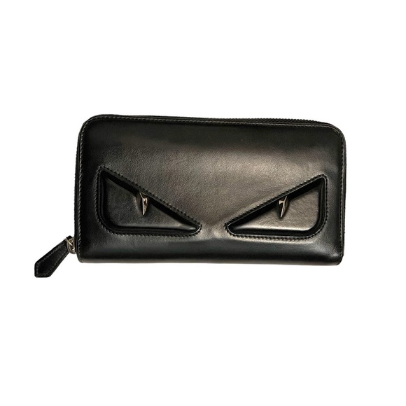 Fendi Black Leather Monster Zip Around Long Wallet